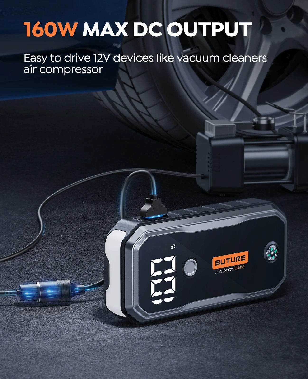 5000A, 160W DC Quick Charge 26800 mAh Car Booster Starting Device