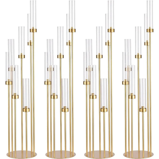4Sets 7 Arms Floor Candelabra Wedding Centerpieces, Gold 48" Tall Metal Candlestick Holders with Acrylic Removable Lampshade