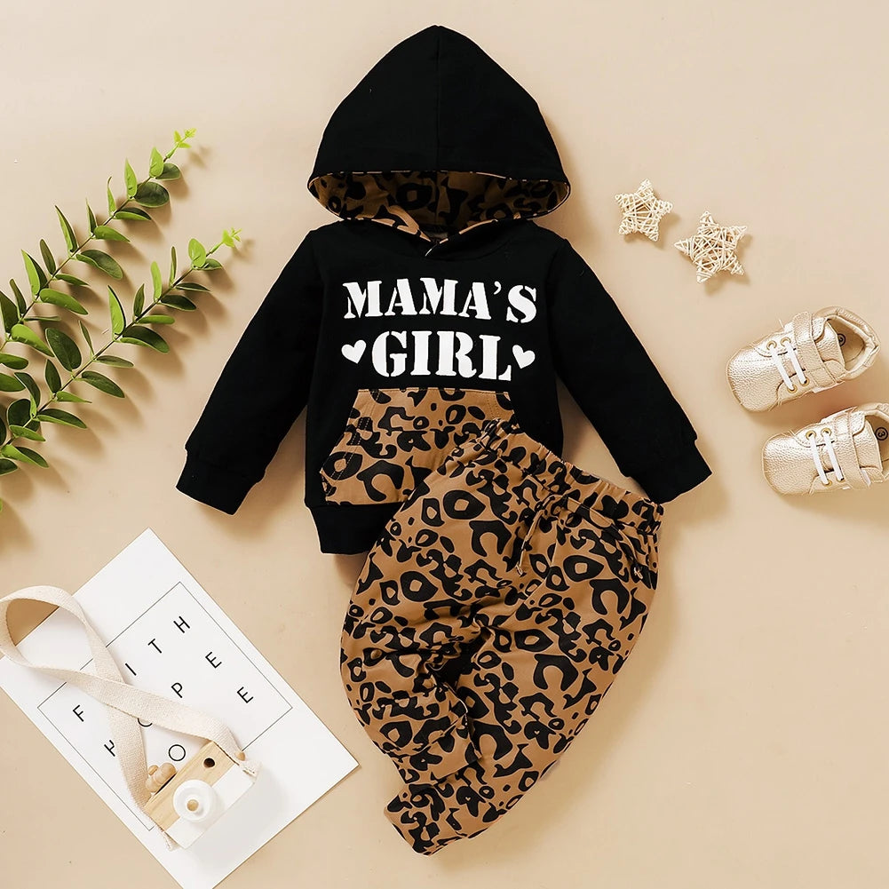 Autumn Baby Clothing Girl Boy Outfits Letter Print Hooded Long Sleeve Top+Leopard Printed Trousers Set
