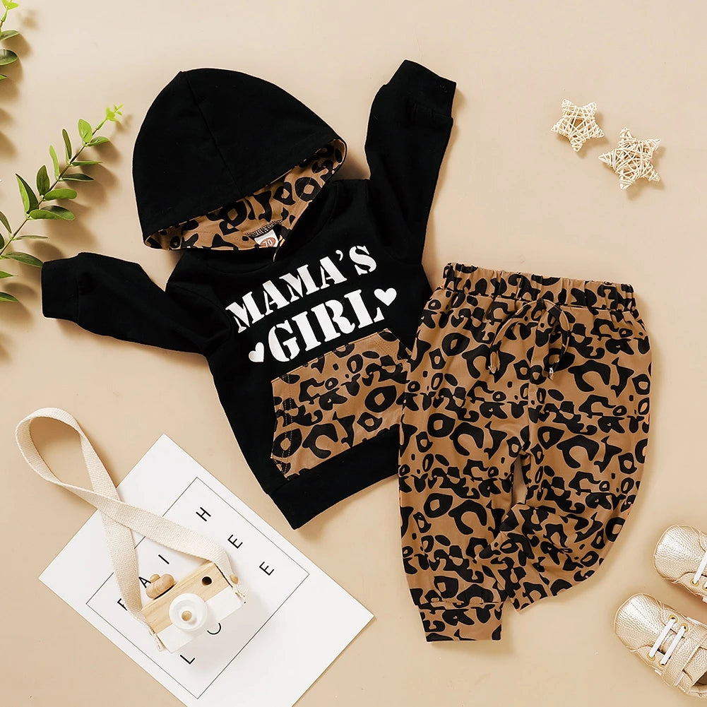 Autumn Baby Clothing Girl Boy Outfits Letter Print Hooded Long Sleeve Top+Leopard Printed Trousers Set