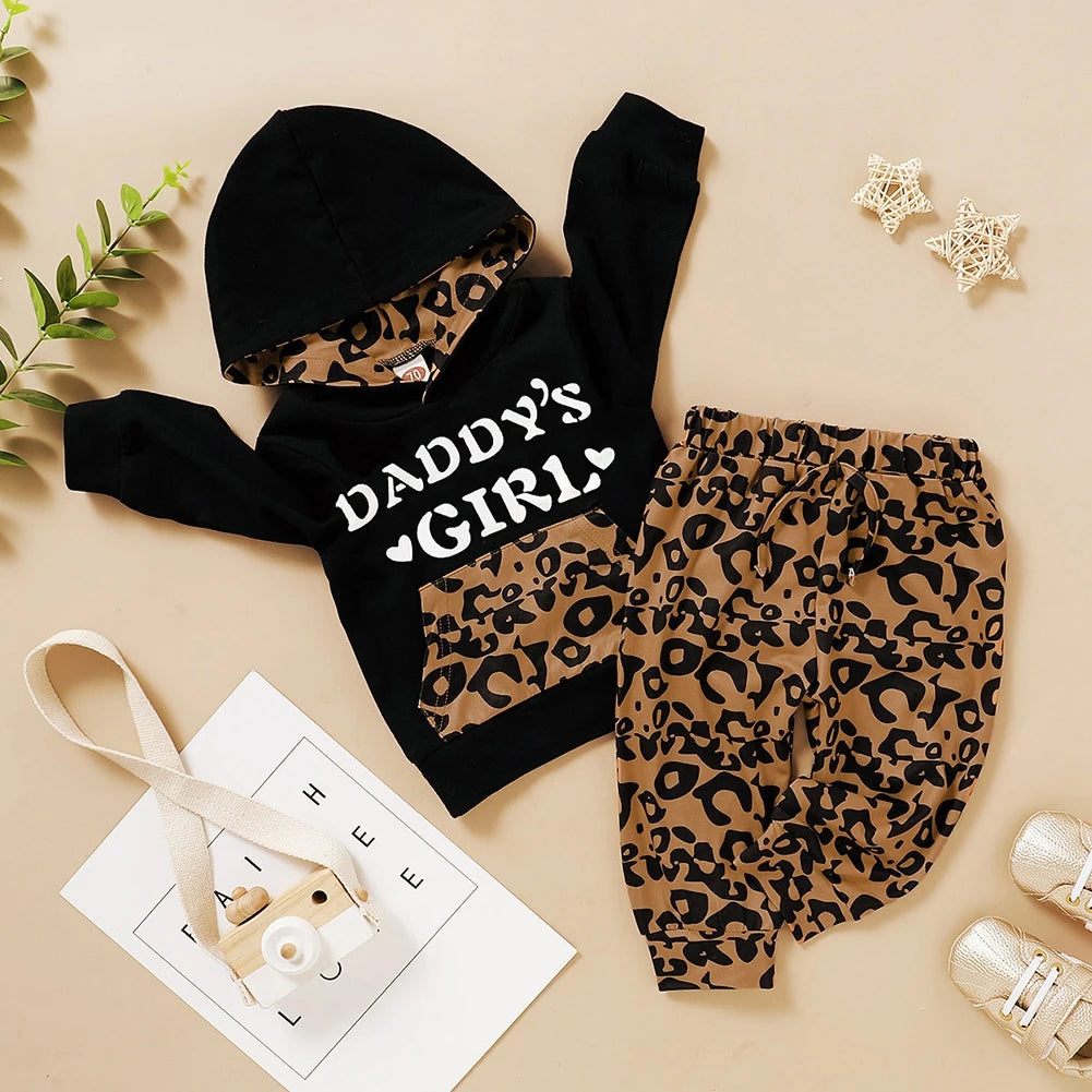 Autumn Baby Clothing Girl Boy Outfits Letter Print Hooded Long Sleeve Top+Leopard Printed Trousers Set