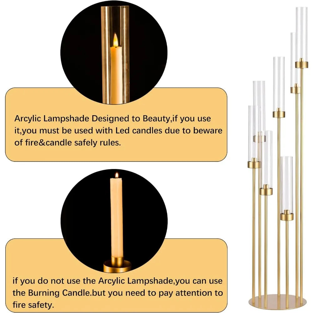 4Sets 7 Arms Floor Candelabra Wedding Centerpieces, Gold 48" Tall Metal Candlestick Holders with Acrylic Removable Lampshade