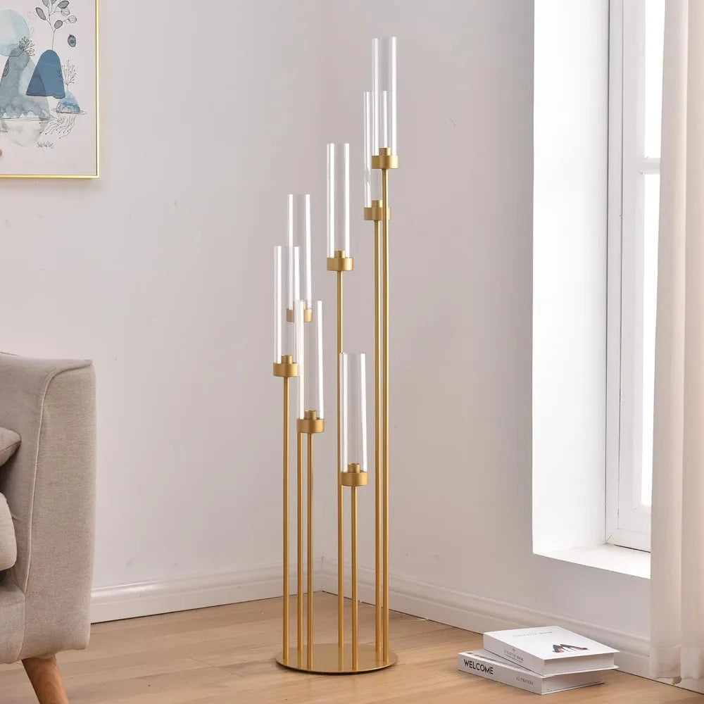 4Sets 7 Arms Floor Candelabra Wedding Centerpieces, Gold 48" Tall Metal Candlestick Holders with Acrylic Removable Lampshade
