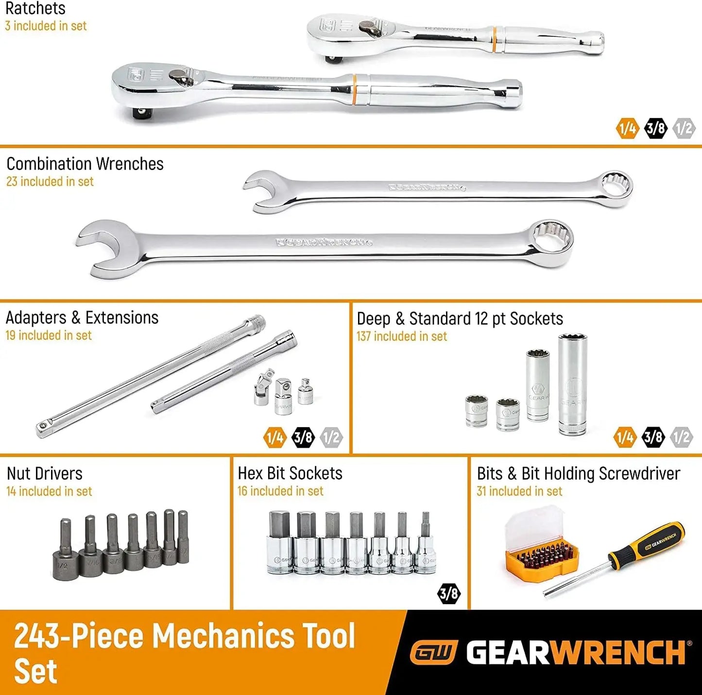 243 Pc. 12 Pt. Mechanics Tool Set in 3 Drawer Storage Box