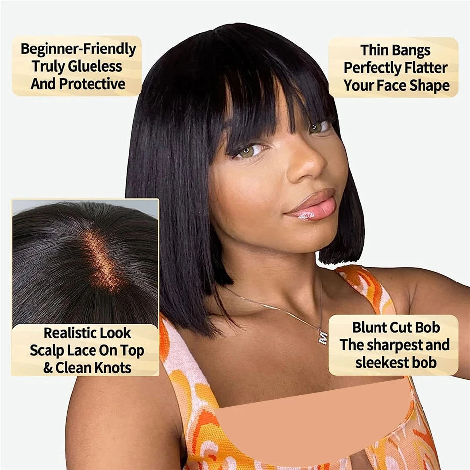 Straight Human Hair Wigs With Bangs To Wear And Go