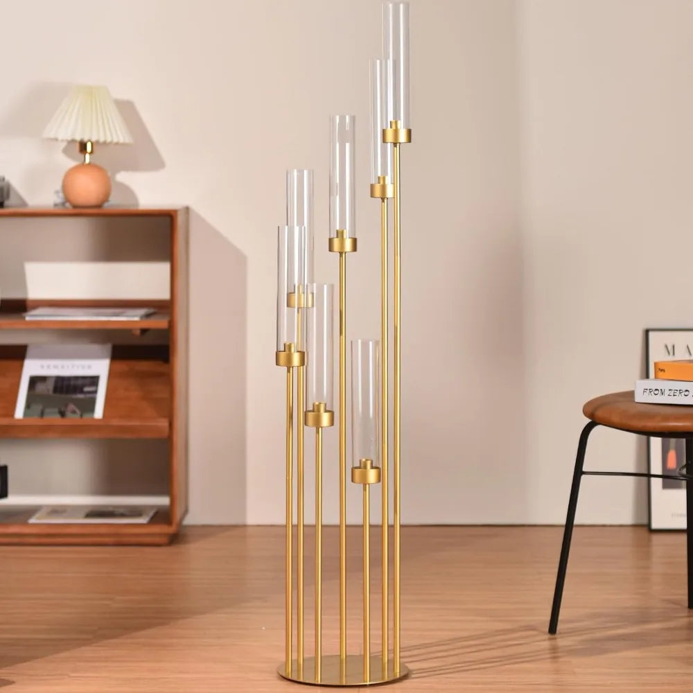 4Sets 7 Arms Floor Candelabra Wedding Centerpieces, Gold 48" Tall Metal Candlestick Holders with Acrylic Removable Lampshade