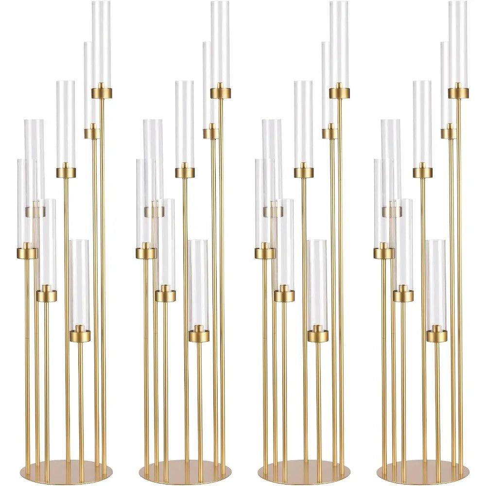 4Sets 7 Arms Floor Candelabra Wedding Centerpieces, Gold 48" Tall Metal Candlestick Holders with Acrylic Removable Lampshade