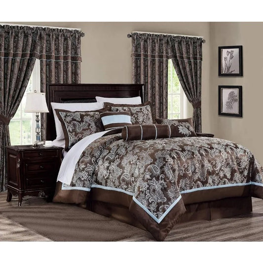 7-Piece Queen Jacquard Comforter Set - Blue Gold Floral Geometric Damask Woven Bedding Set