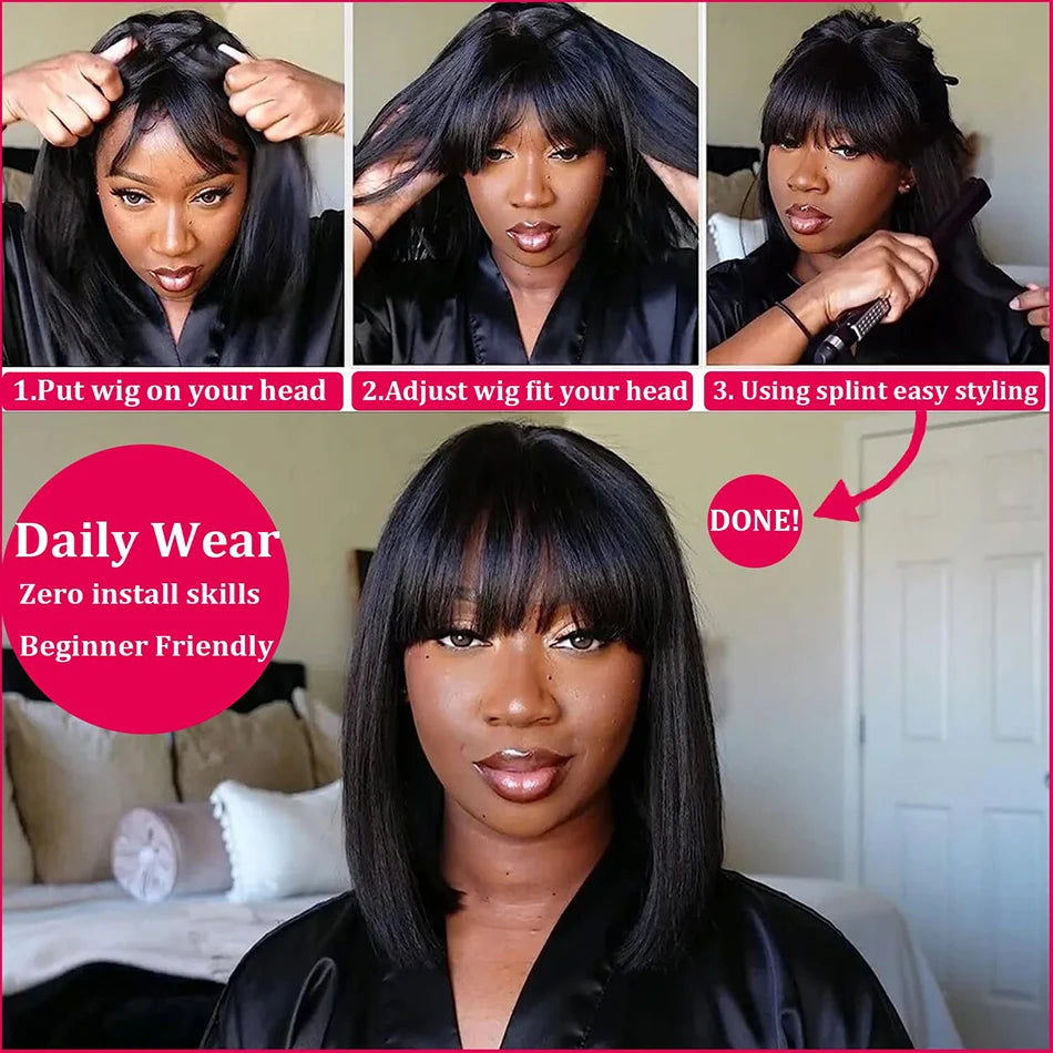 Straight Human Hair Wigs With Bangs To Wear And Go